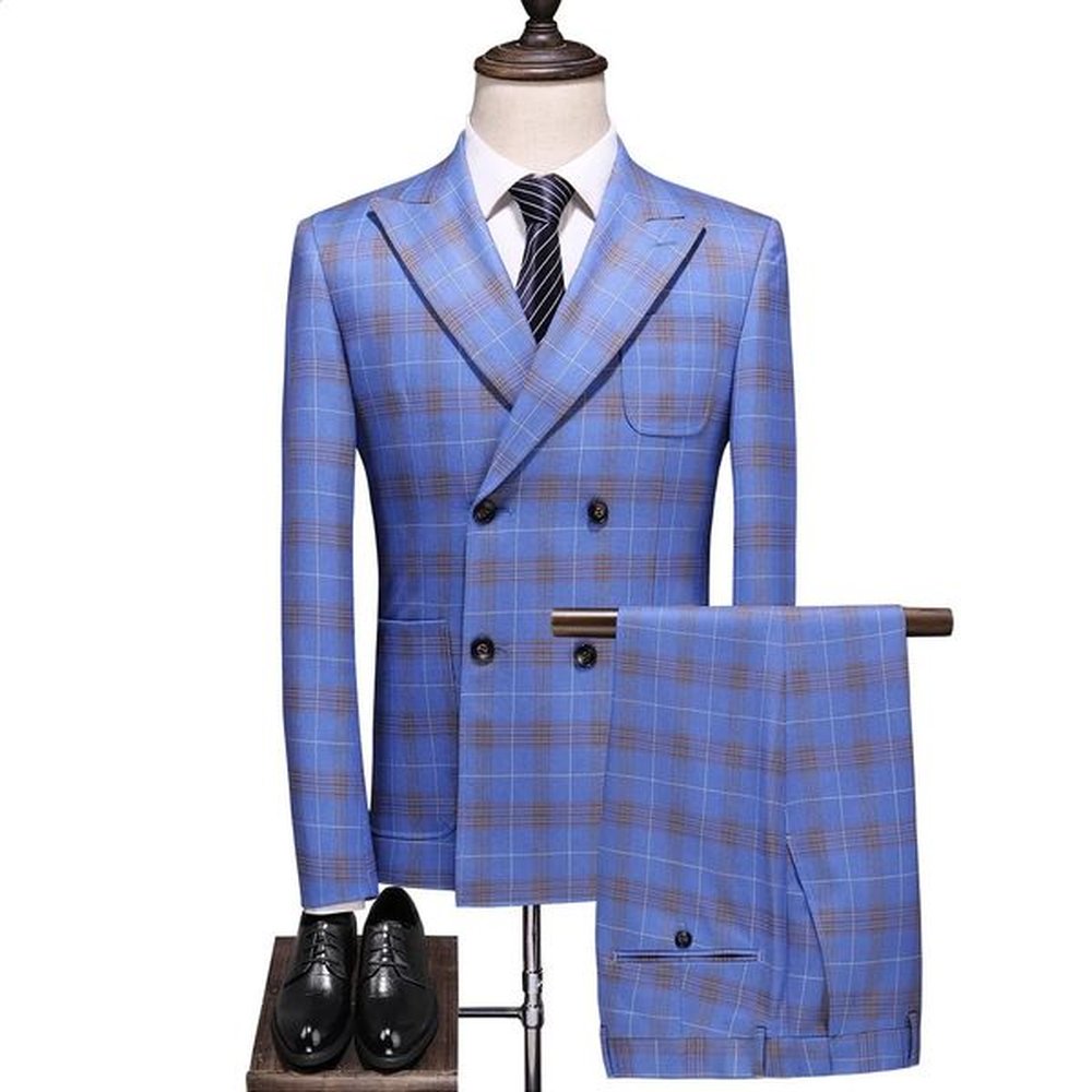 Fashion Men Double Breasted Plaid Suit Coat Pants 2 Pcs Set Male Slim Fit Business Wedding Blazers Jacket Trousers 250121