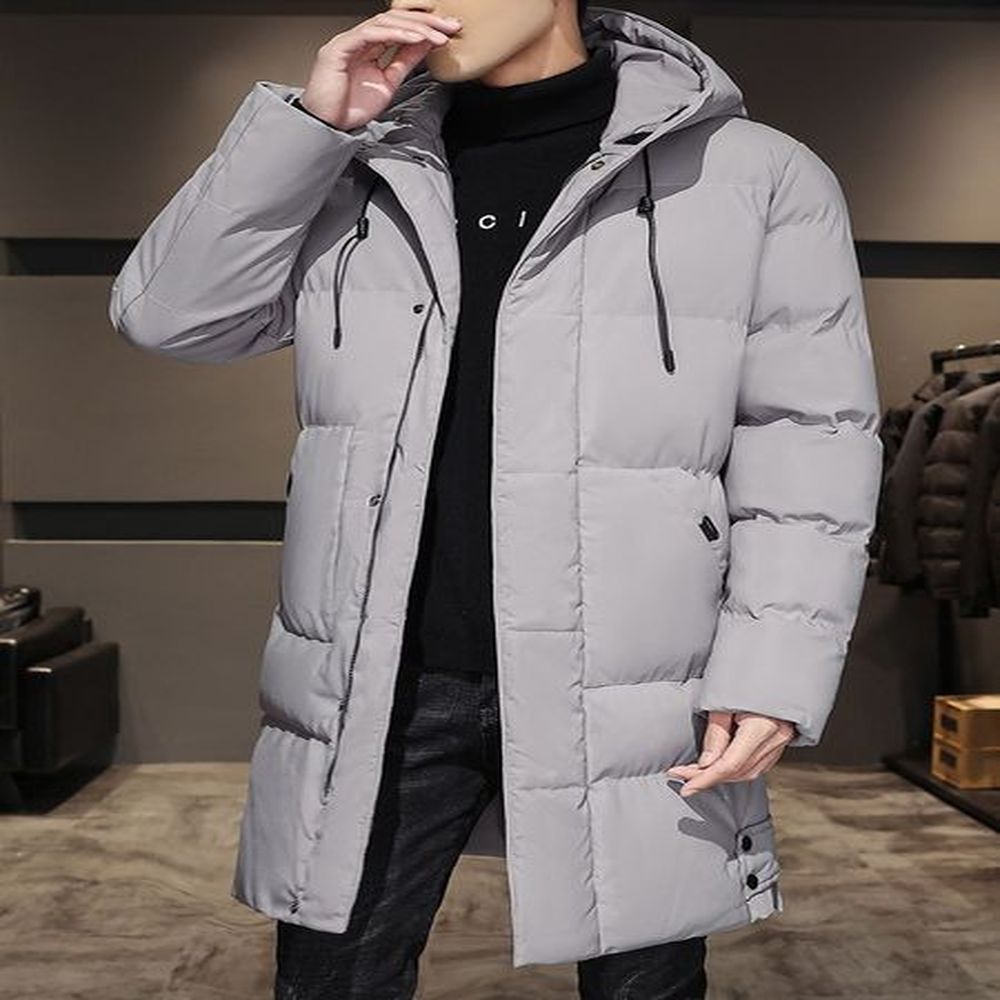 Fashion Men Long Parkas Coat Solid Slim Fit Warm Thicken Jacket Outwear Windproof Coats Hooded Cotton-padded Zipper Windbreaker Men's D
