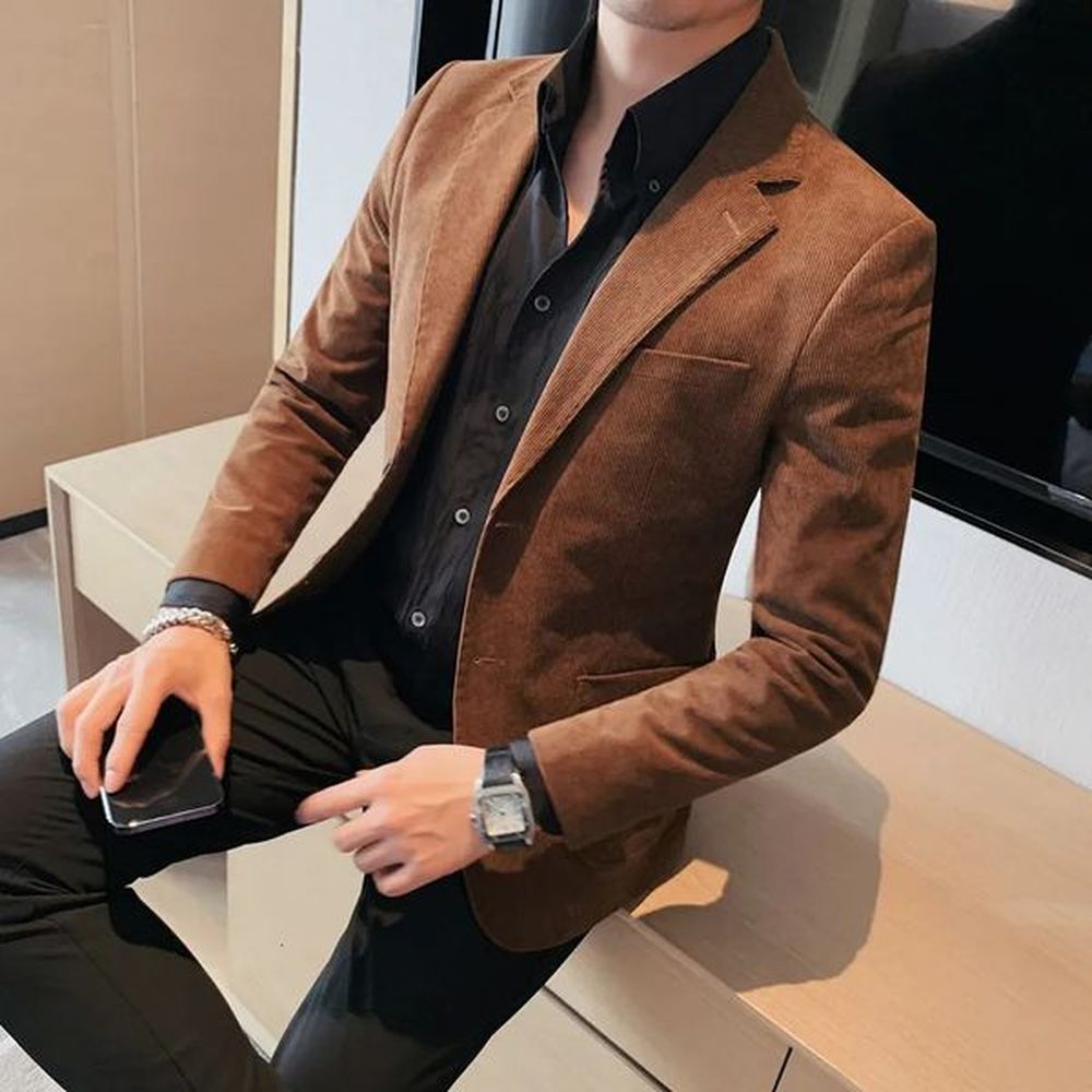 Fashion Mens Corduroy Blazers Top Quality Business Casual Suit Jackets Slim Fit Wedding Groom Streetwear Social Dress Coat 241217