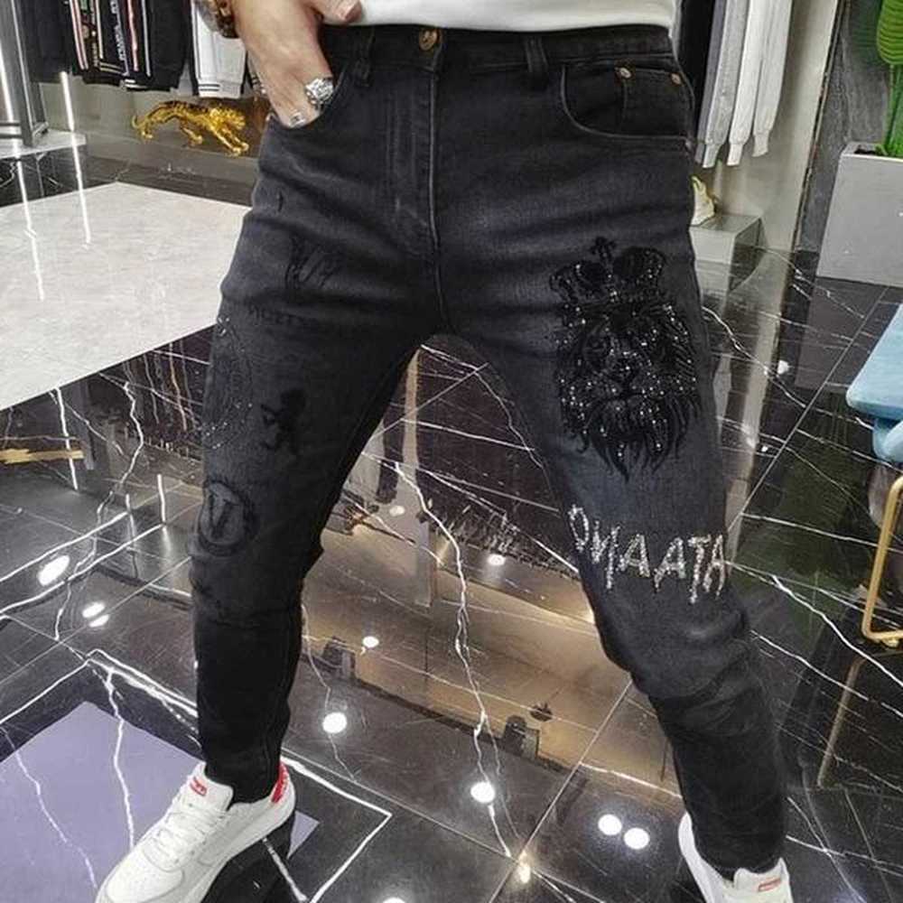 Fashion Mens Skinny Jeans Stick Rhinestone Slim fit Stretch Jeans Man Letter Casual Spring Autumn Men Denim Small Foot PantsT250208