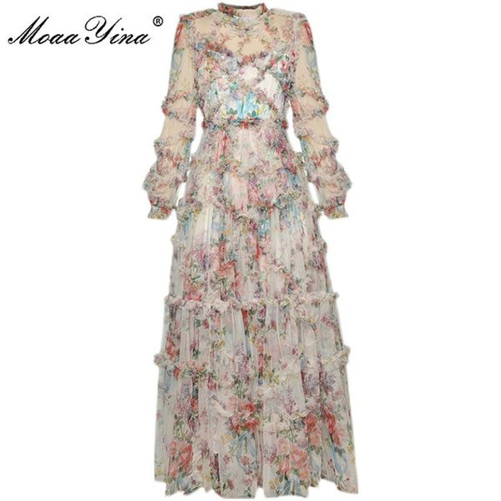 fashion ner dress spring womens dress lantern sleeve mesh print