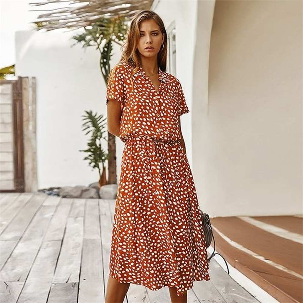 fashion polka dot print dress women high waist sashes a