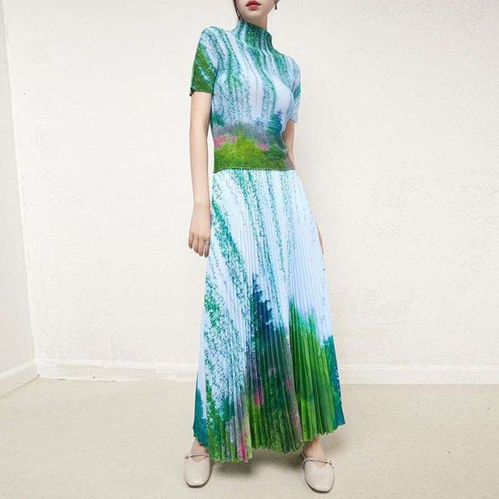 fashion printed pleated set twopiece dress women sets autumn dress
