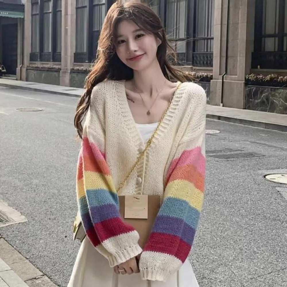 fashion rainbow sweet cardigan sweater autumn thin casual korean knitted