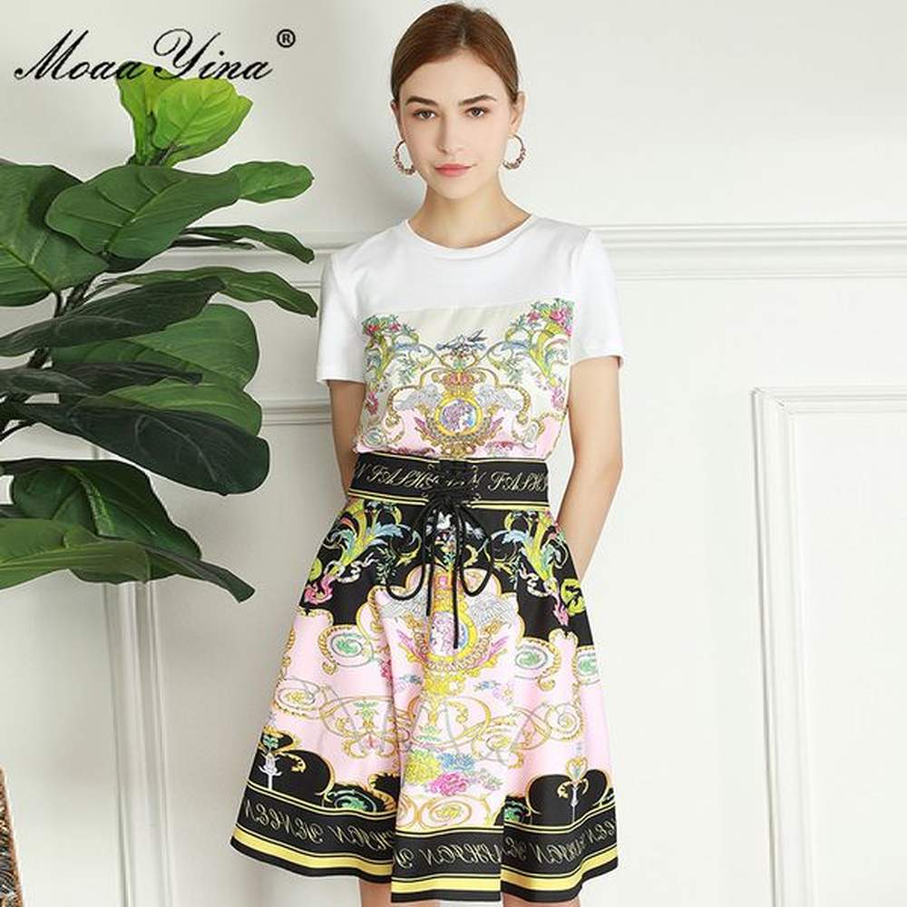 fashion runway summer casual print skirt suit womens short sleeve
