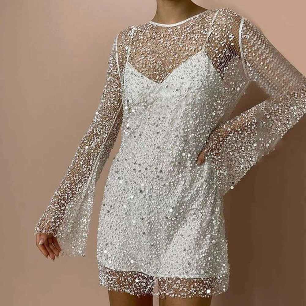 fashion sequin splicing see through streetwear mesh sexy two piece