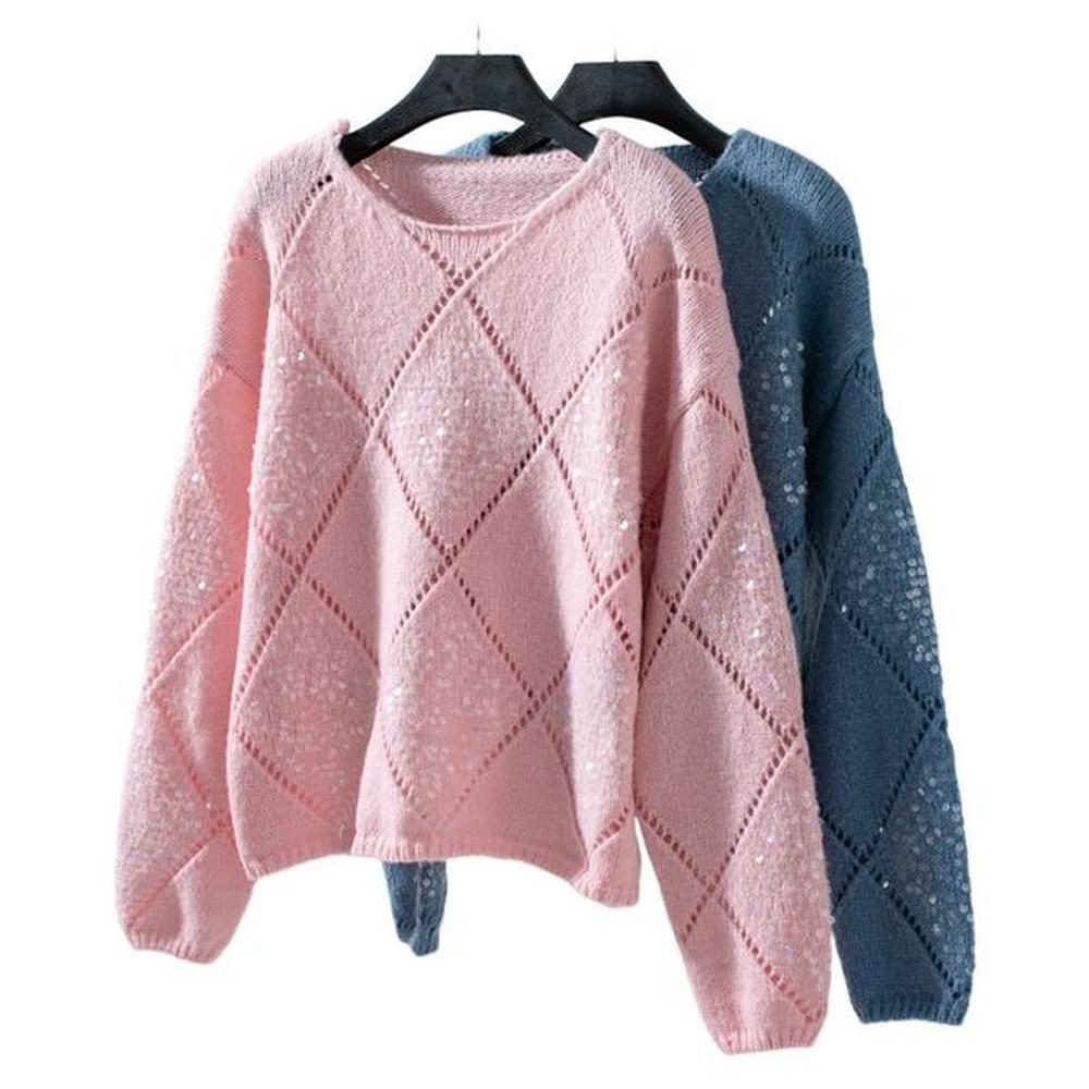 fashion sequins womans casual sweater knitwear diamondshaped hollowedout autumnwinter new