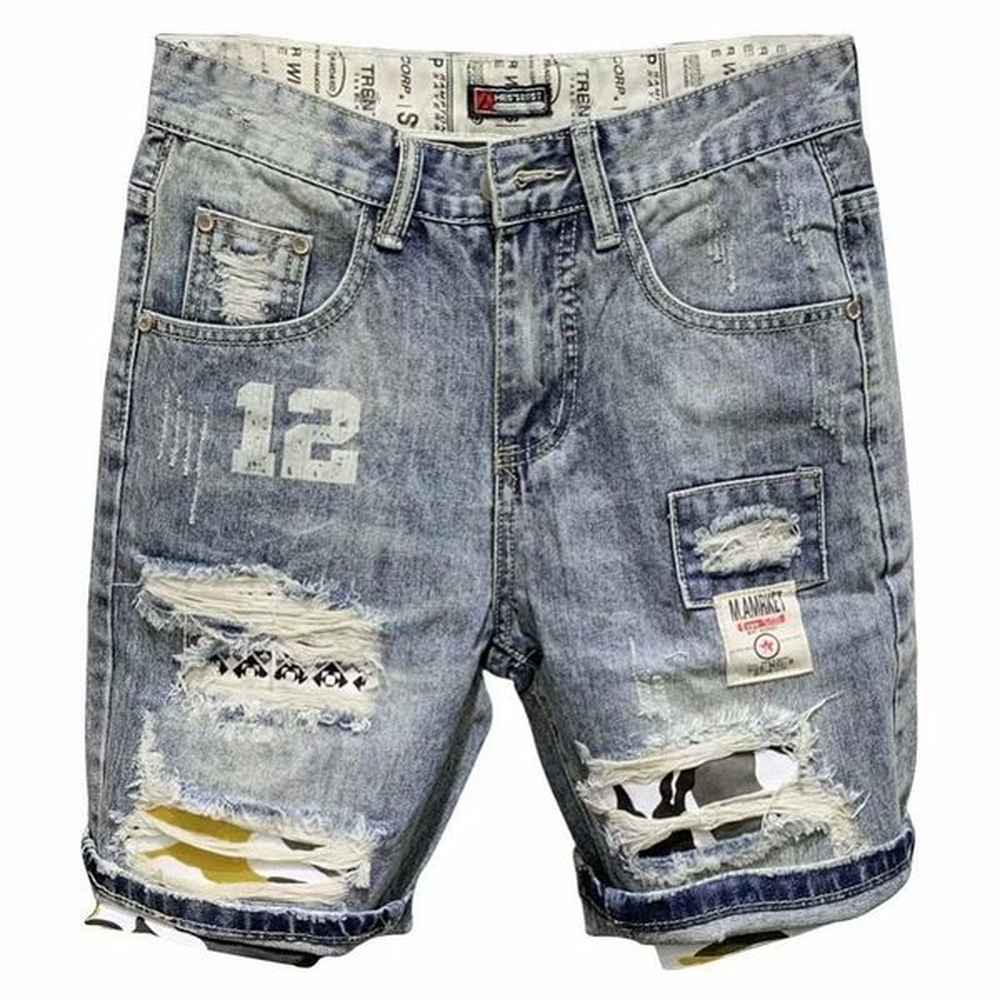 Fashion Short jeans for mens jeans straight holes tight jeans casual summer hip hop street trouser ripped patch letter print denim shorts bo
