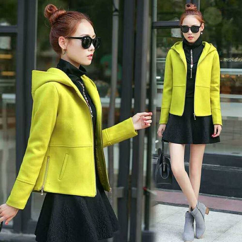 fashion short wool blend coat women hooded jacket autumn winter