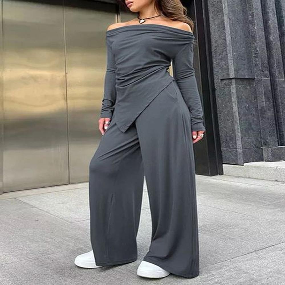 fashion solid long pants sets women spring irregular off