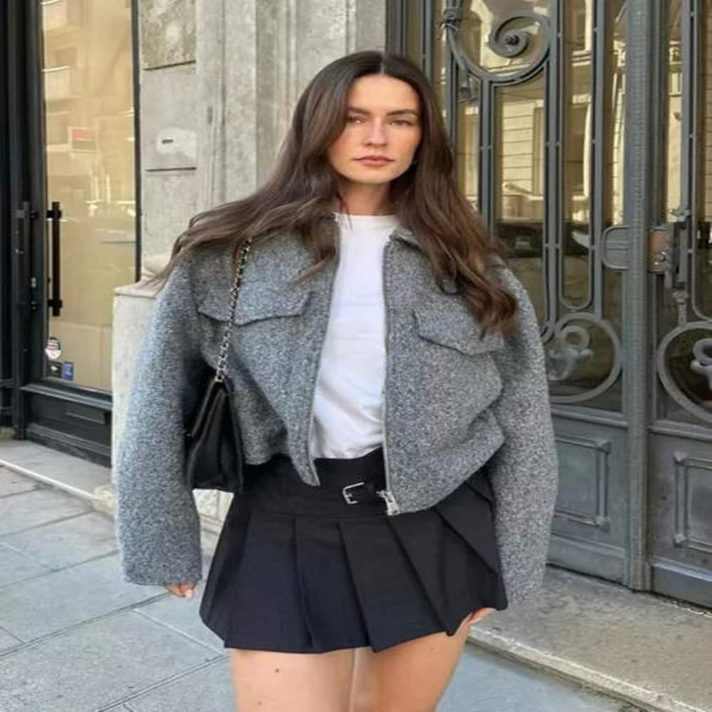 fashion solid turndown collar cropped coats for women autumn warm