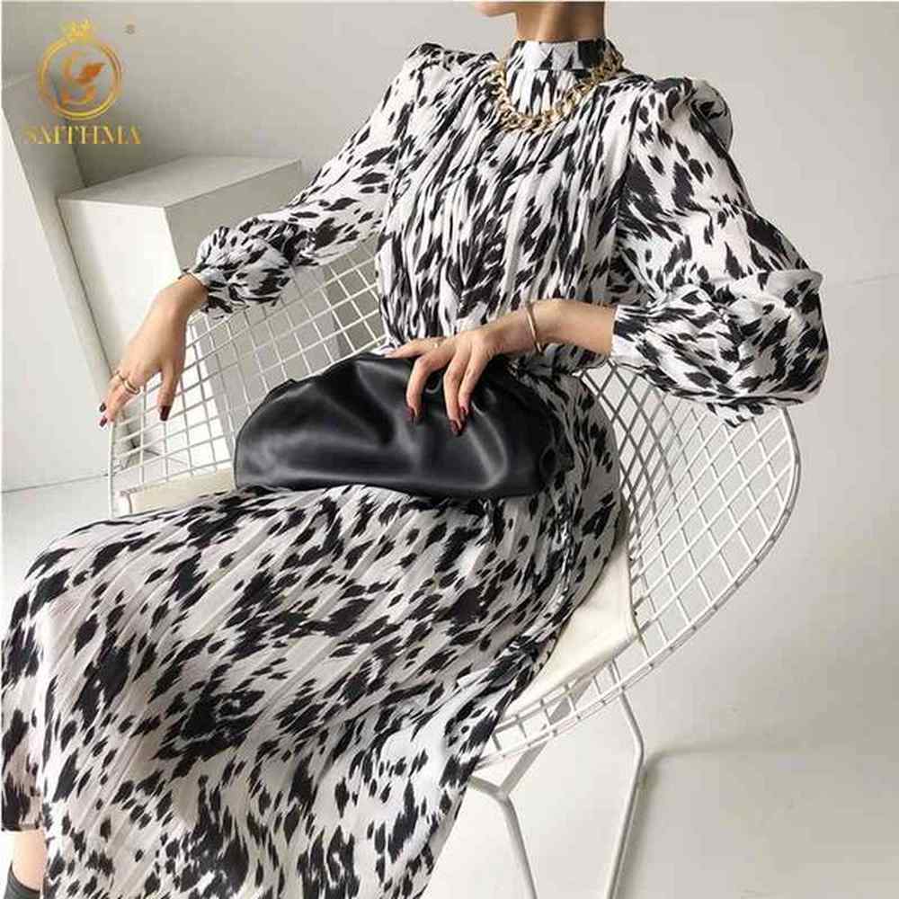 fashion spring stand collar women lantern sleeve dress vintage elegant