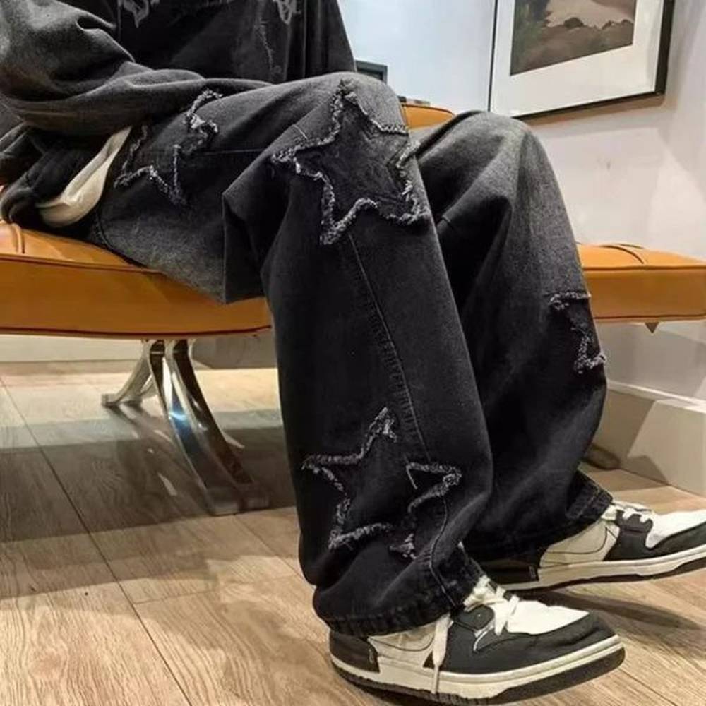 Fashion Star Towel Embroidered Brown Mens Jeans Y2K Straight Hip Hop Cotton Mens Trousers Pantalon Homme 241203