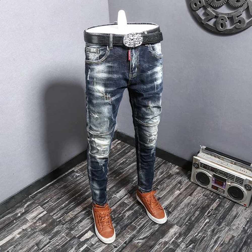 Fashion streetwear ripped jeans mens retro blue elastic slim fit bicycle denim 240816