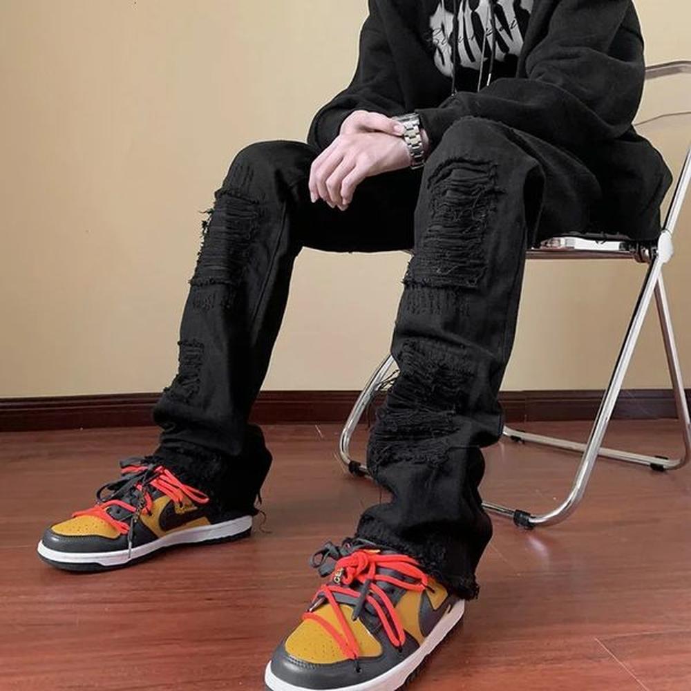Fashion Stretch Patch Mens Jeans Y2K Patchwork Creative Tassels Decoration Straight Denim Trousers For Men Hip Hop Jean Pants 250210