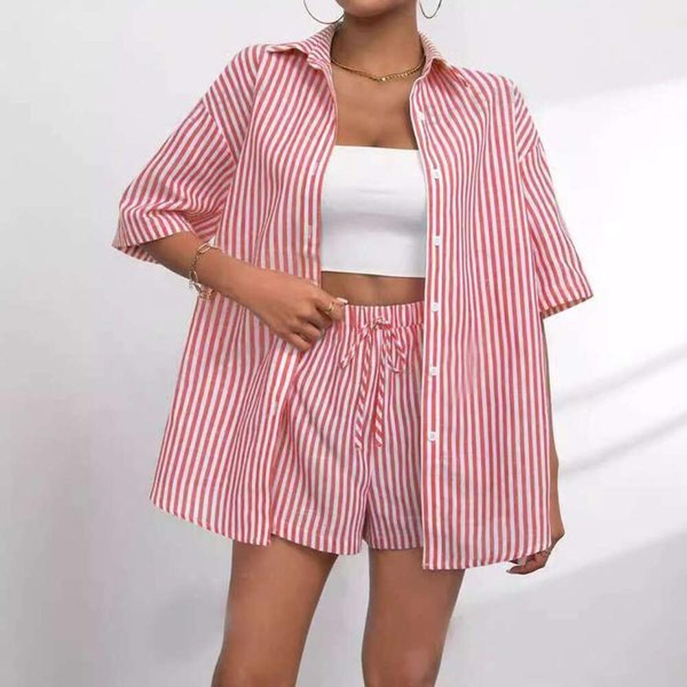 fashion suit womens summer collar casual striped short sleeved