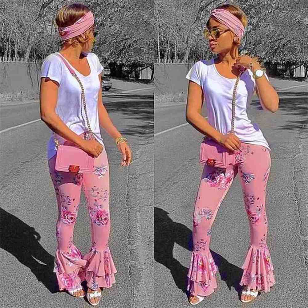 fashion summer pink flare pants floral ruffled draped printing ladies