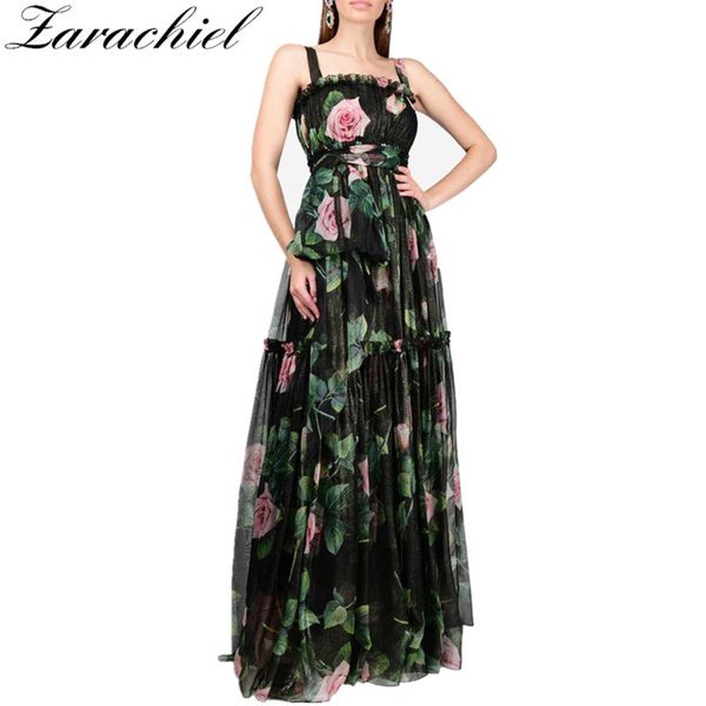 fashion summer runway maxi womens spaghetti strap ruffles rose floral