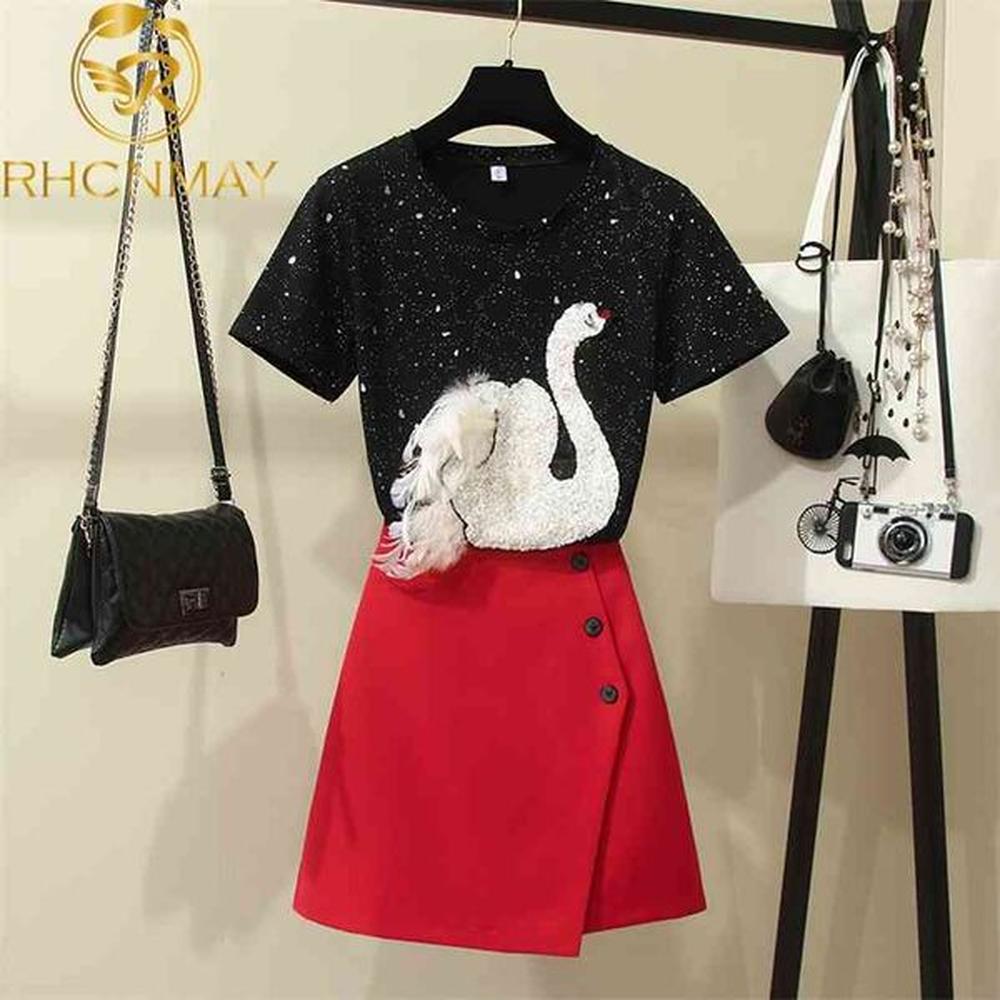 fashion summer womens stereo swan sequins embroidery tshirt top