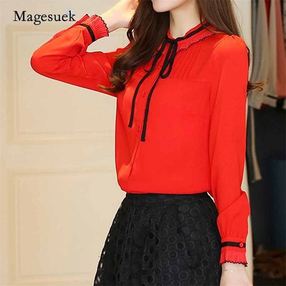 fashion sweet chiffon women blouses shirt long sleeve summer bow