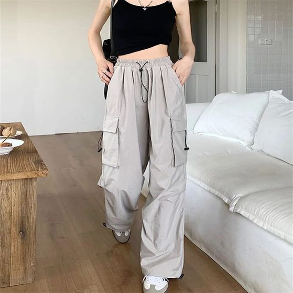 fashion vintage cargo pants summer women solid oversized pocket high