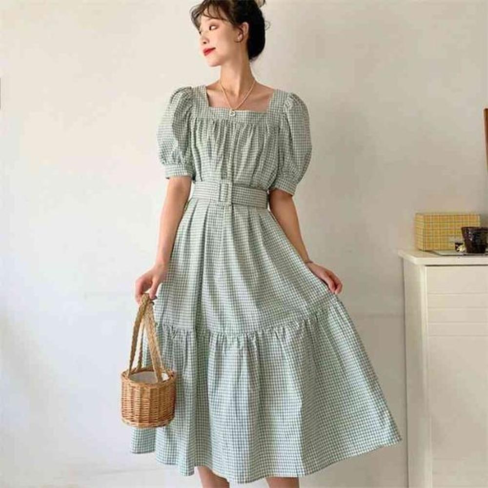 fashion vintage dresses woman summer puff sleeve cute sweet korea