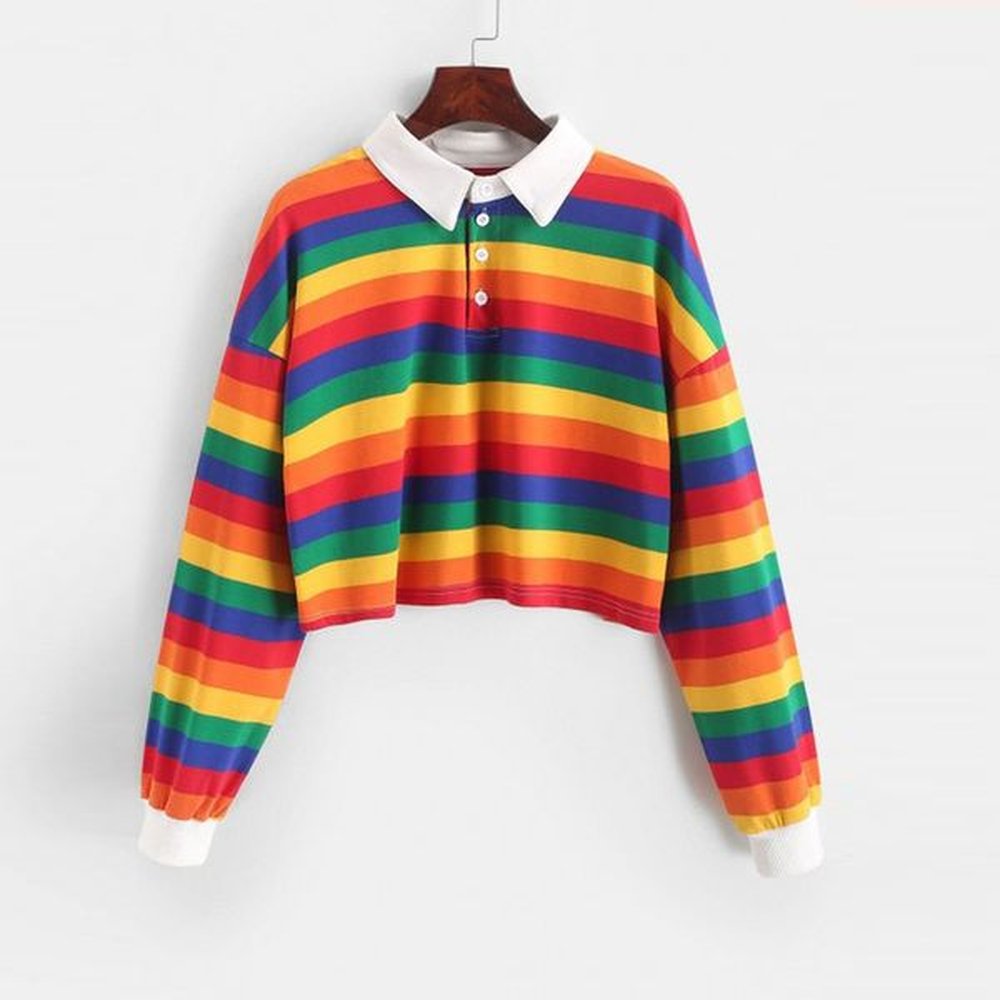 fashion winter women rainbow striped hoodies pullover sweatshirts harajuku long