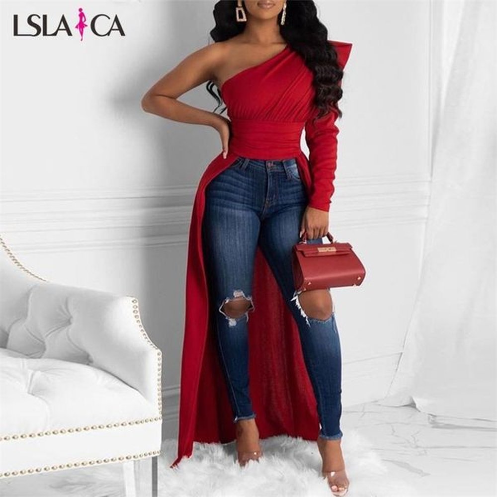 fashion women blouses one shoulder puff sleeve irregular elegant solid