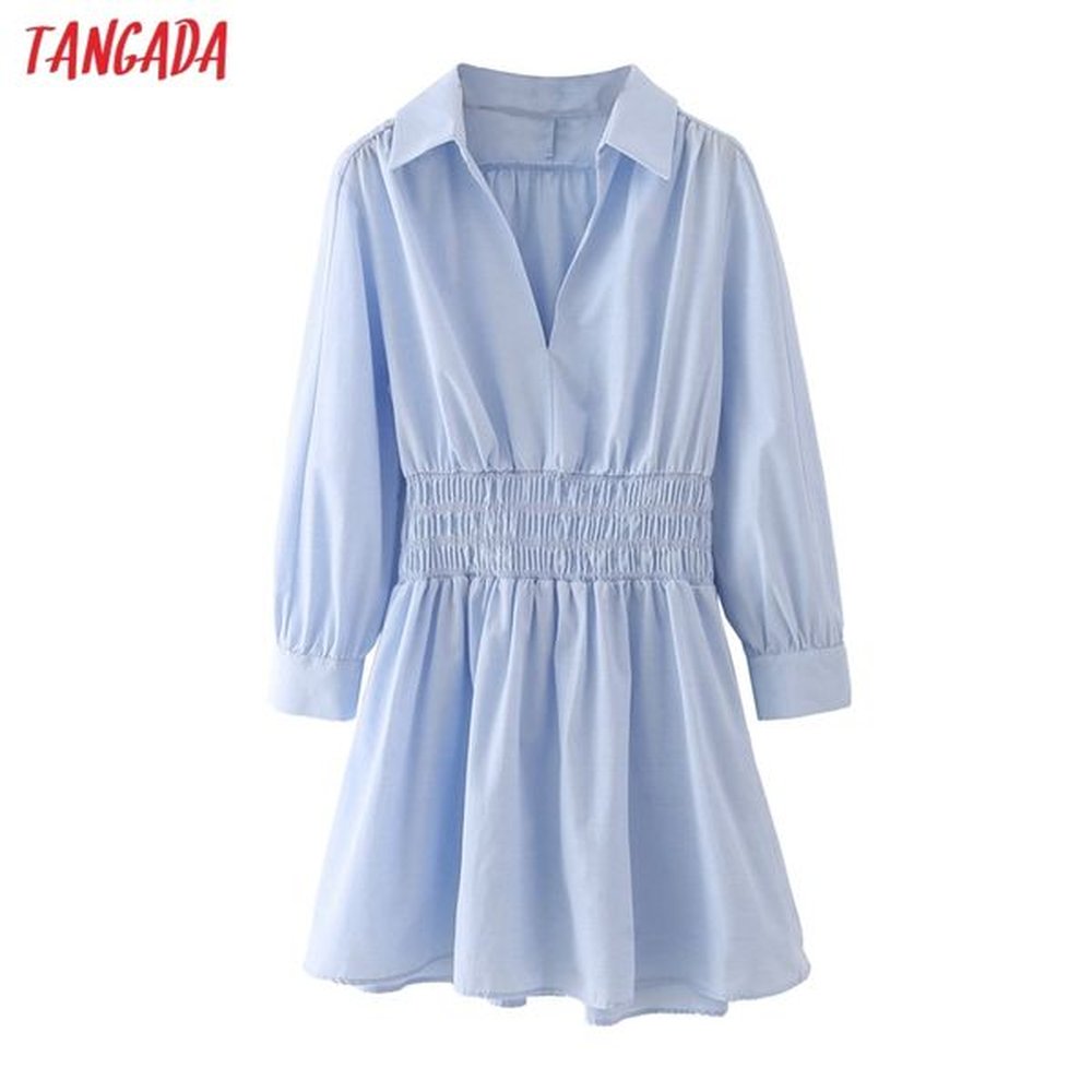 fashion women blue shirt long sleeve strethy waist office ladies