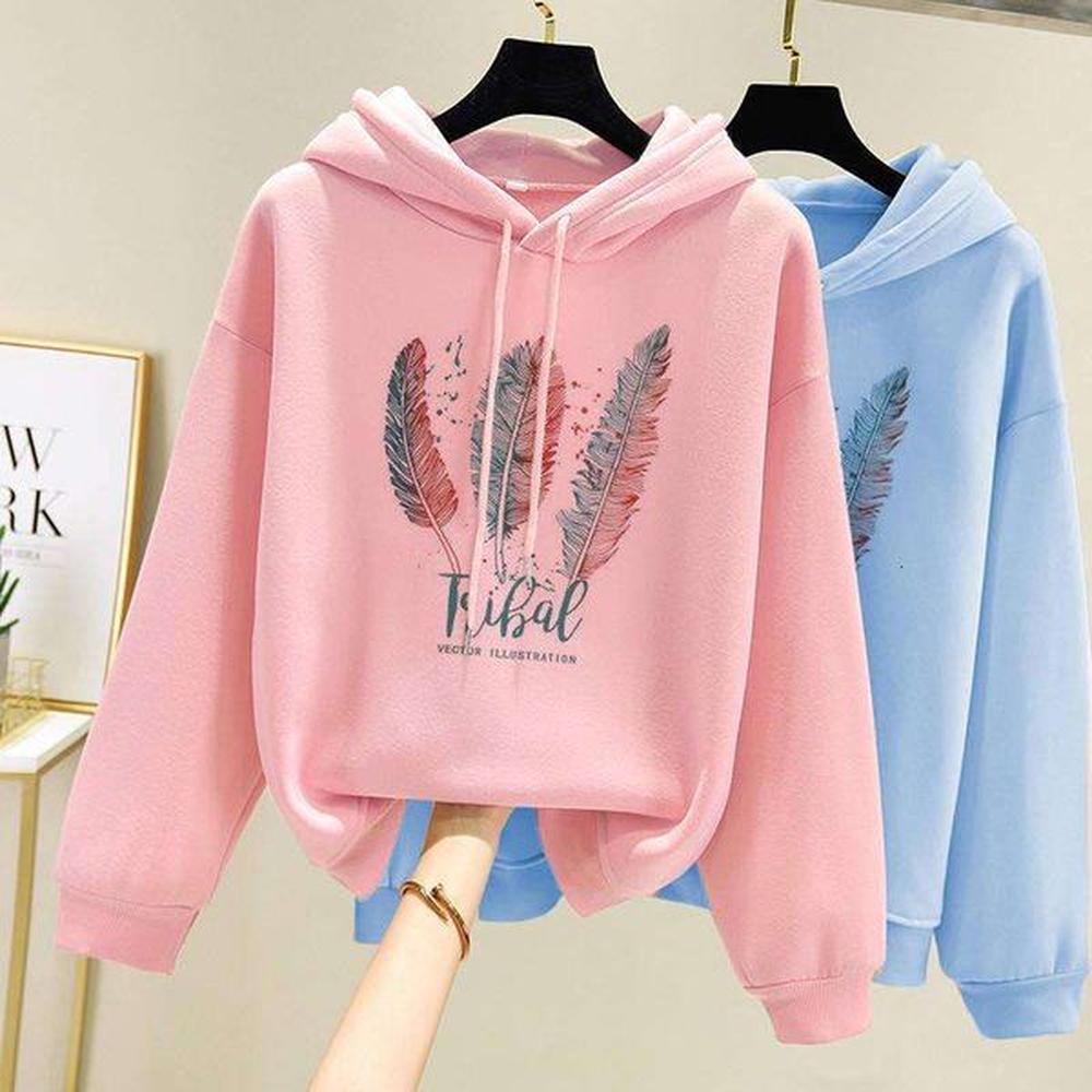 fashion women feather printed hoodies autumn winter plus veet casual