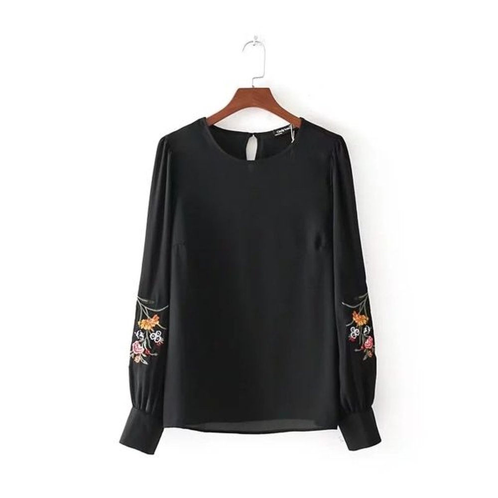 fashion women floral embroidered smock white black shirt long sleeve