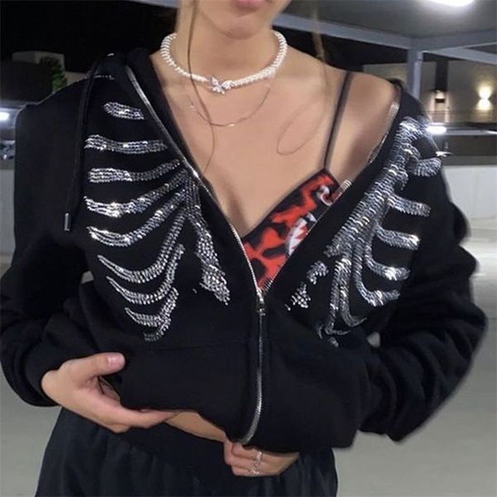 fashion women hoodies yk skeleton zip up oversized sweatshirts goth