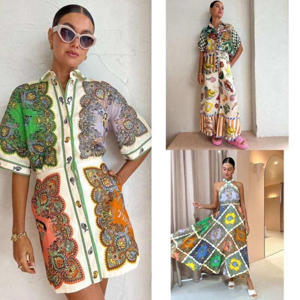 fashion women linen shirt dress flower printed shirt skirt casual