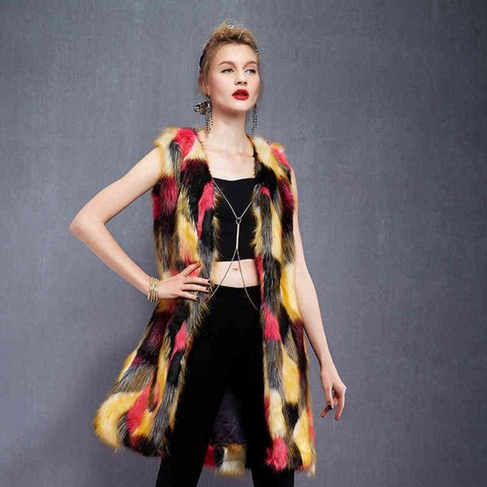 fashion women rainbow color faux fur vest female colorful artificial