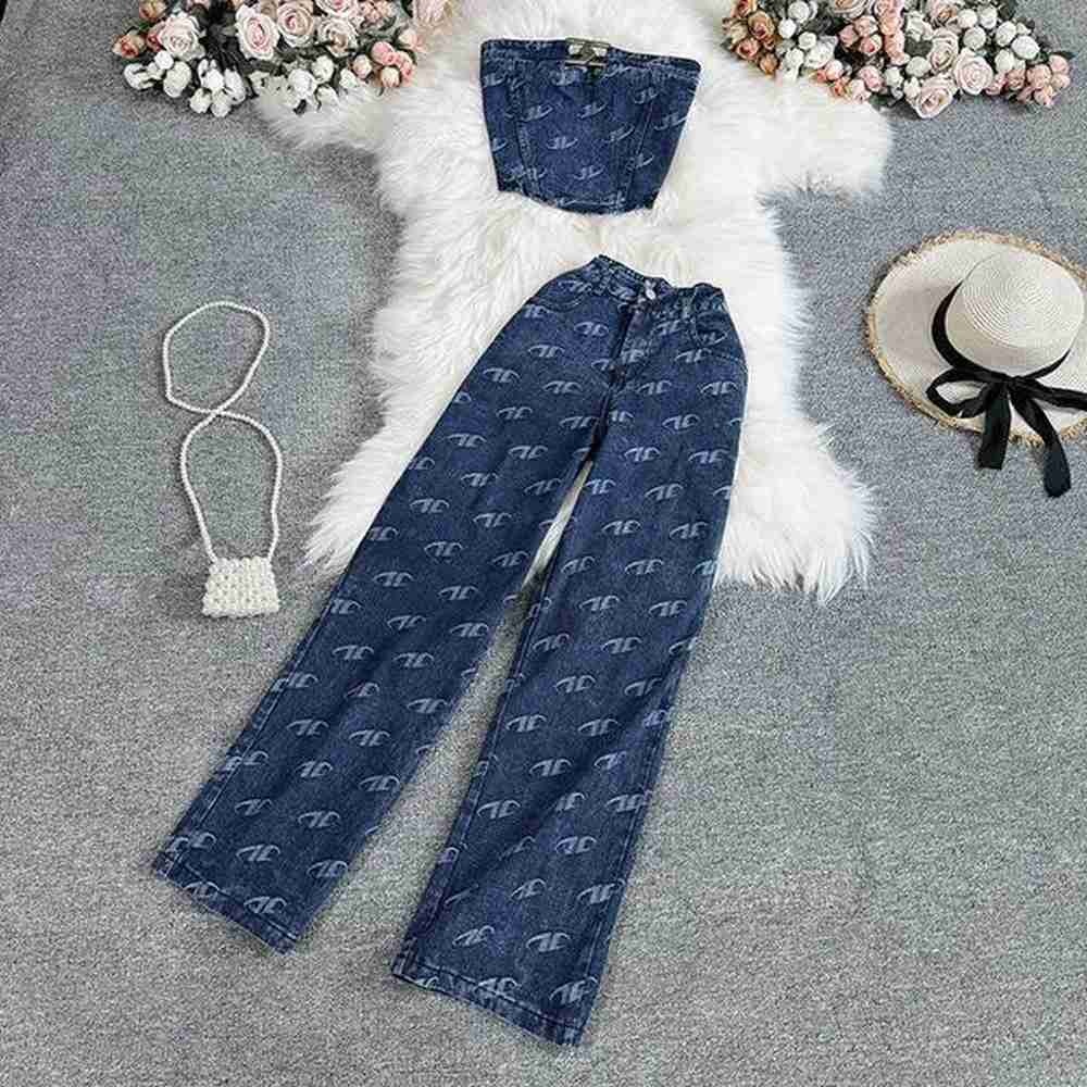 fashion womens american style strapless denim vest twopiece set casual