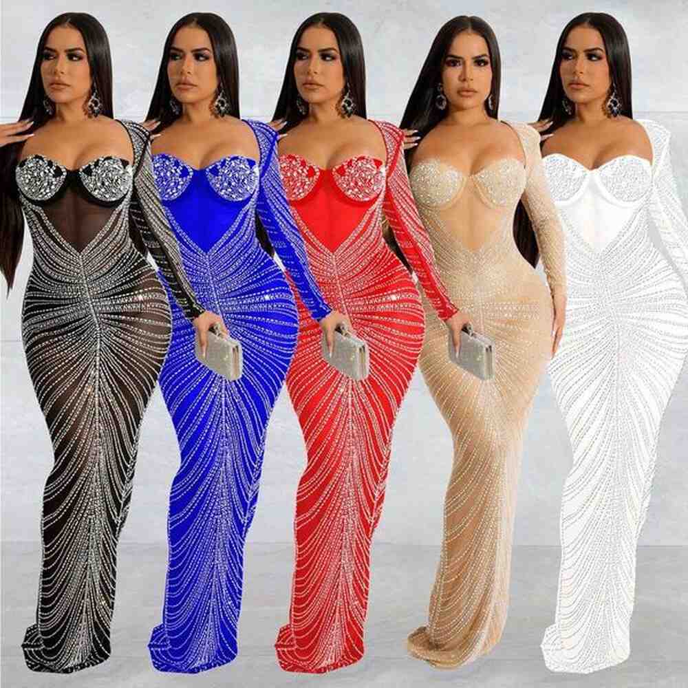 fashion womens hot diamond mesh perspective sleeve long dress f