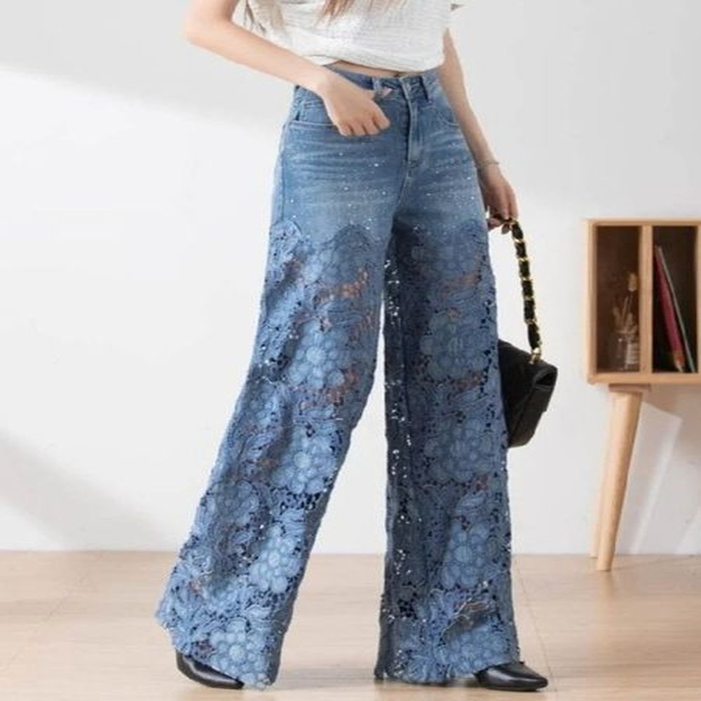 fashion womens jeans spring summer highwaist openwork lace stitching denim