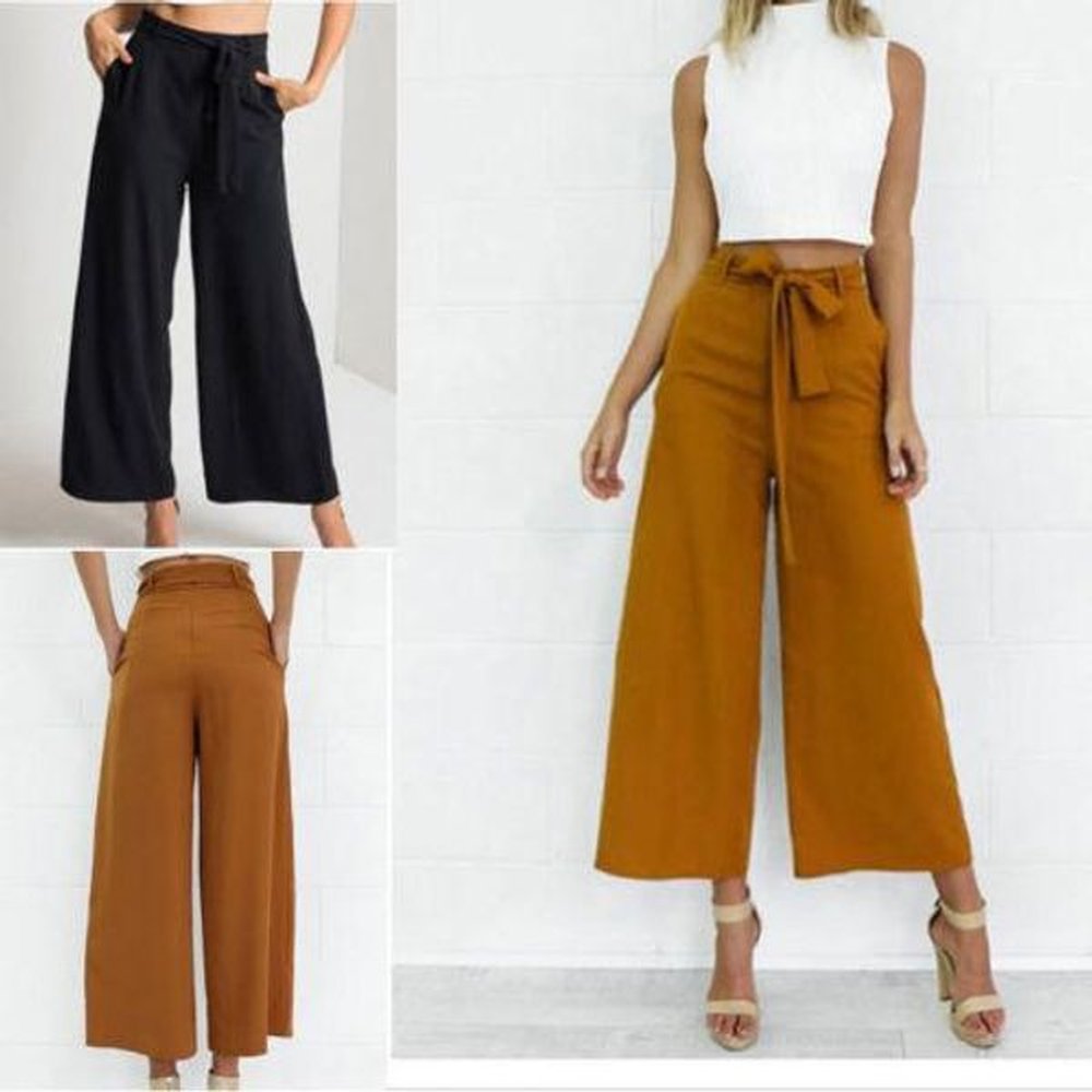 fashion womens palazzo pants culottes loose high waist wide solid