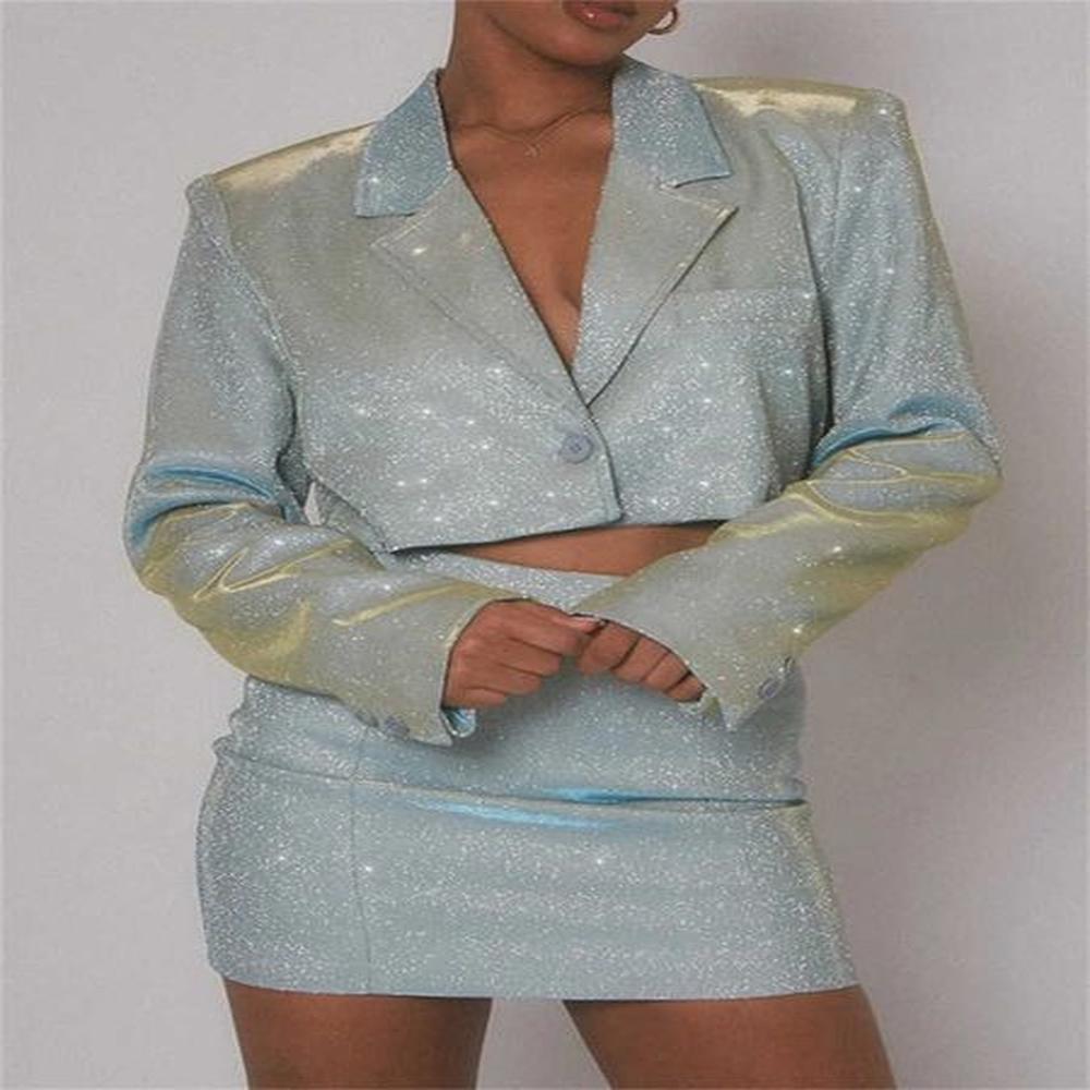 fashion womens silver sports jacket and skirt set piece set