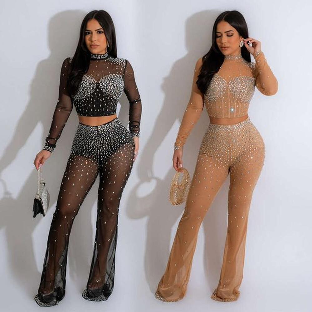 fashion womens solid color mesh hot diamond long sleeved pants