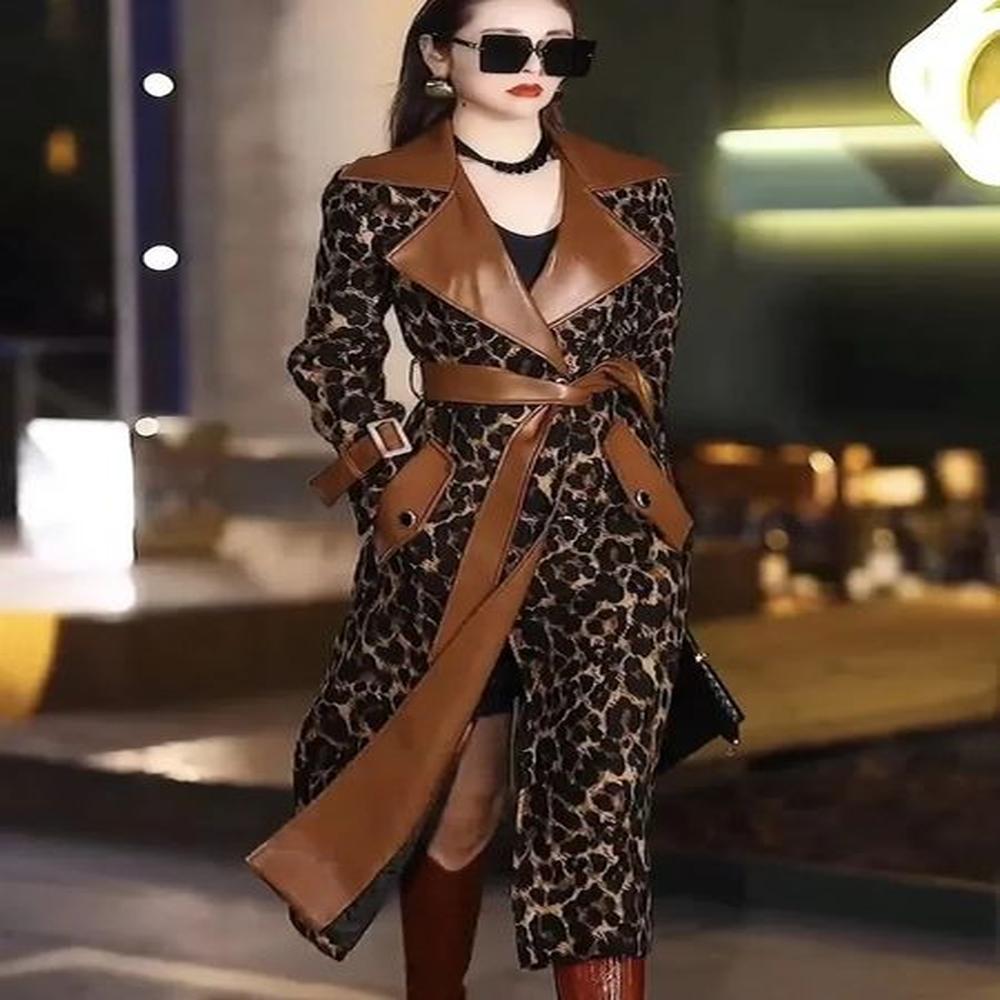 fashion yk leopard print trench coat fallwinter highquality pu leather