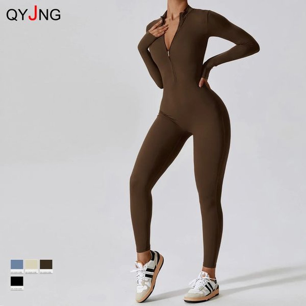 fashion zipper long sleeve fitness overalls women sportswear quickdry gym