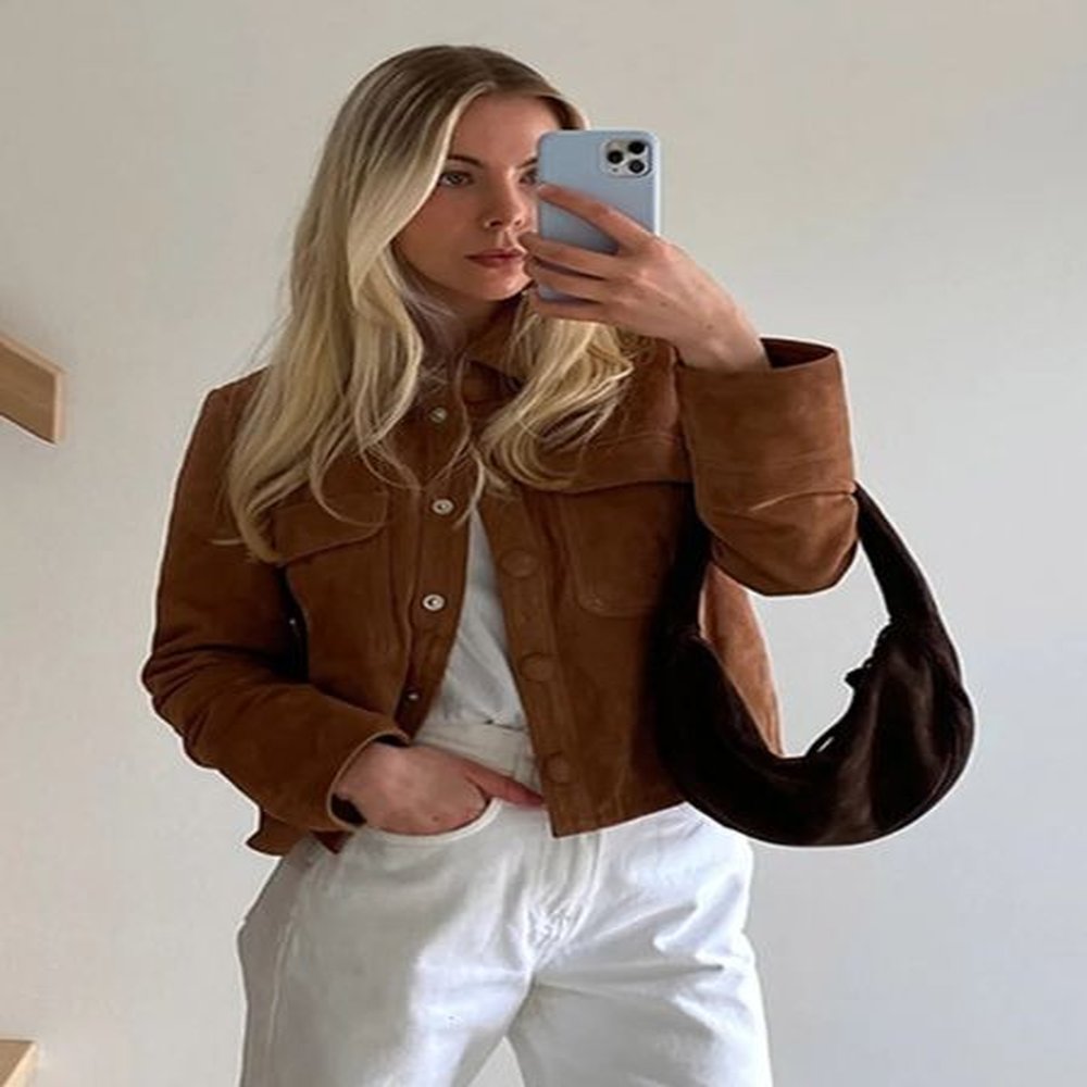 fashionable brown collar single chest half season womens jacket retro