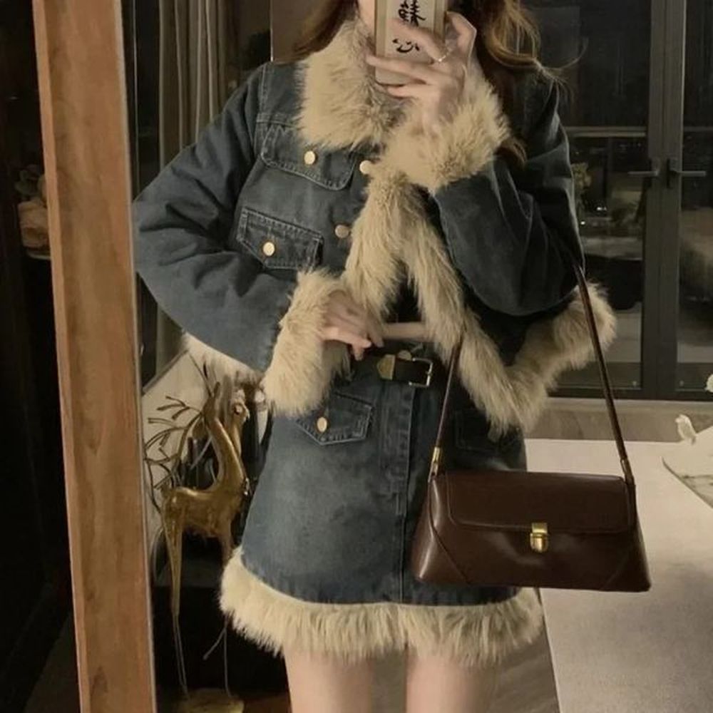 fashionable faux fox fur collar patchwork denim jacket cotton quilt