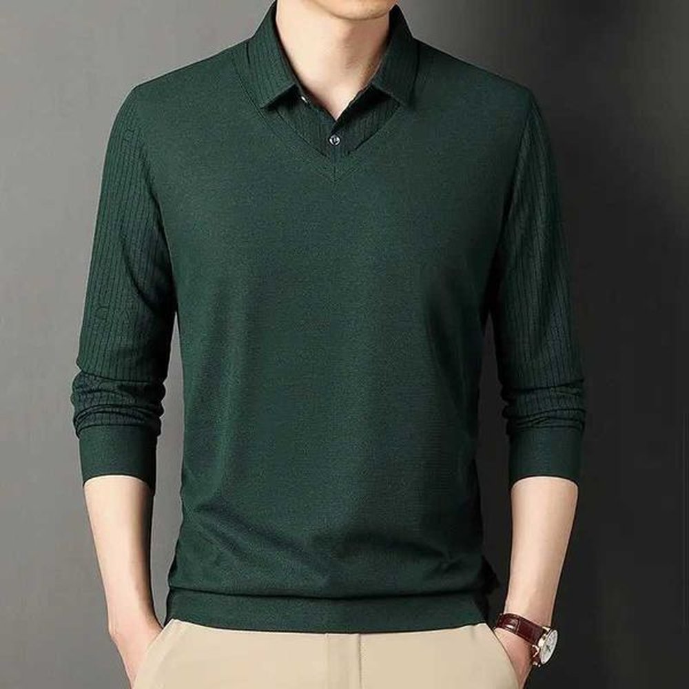 Fashionable mens retro long sleeved striped polo shirt spring and autumn basic mens dress casual top W240913
