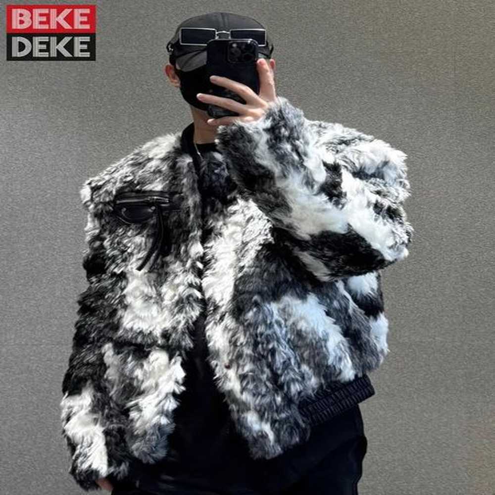 Fashionable mens winter warm padded fur leather jacket with retro print loose fit suitable for parties Donnie jacket patch work pocket bombe