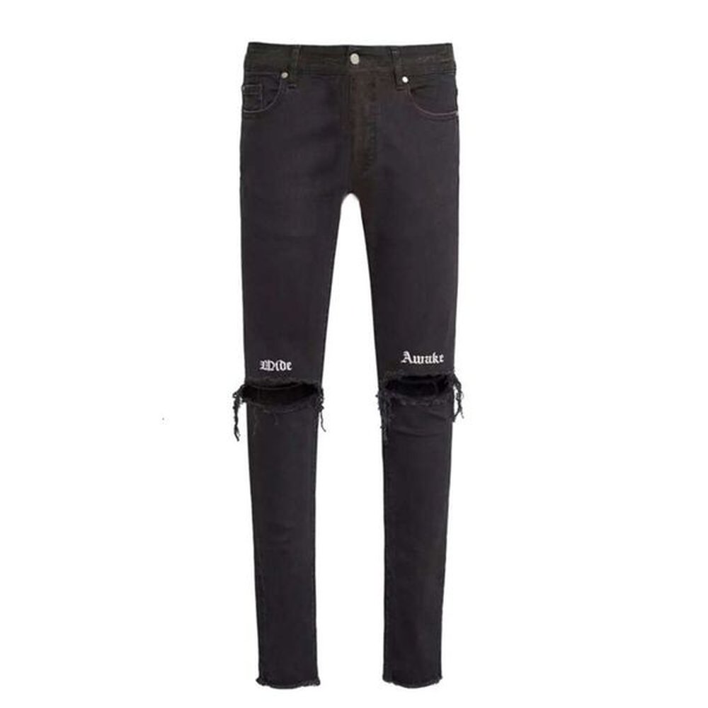 Fashionable Perforated Letter Embroidered with Unrestrained Edge Elastic Men's Jeans M524 60 ddmymarket