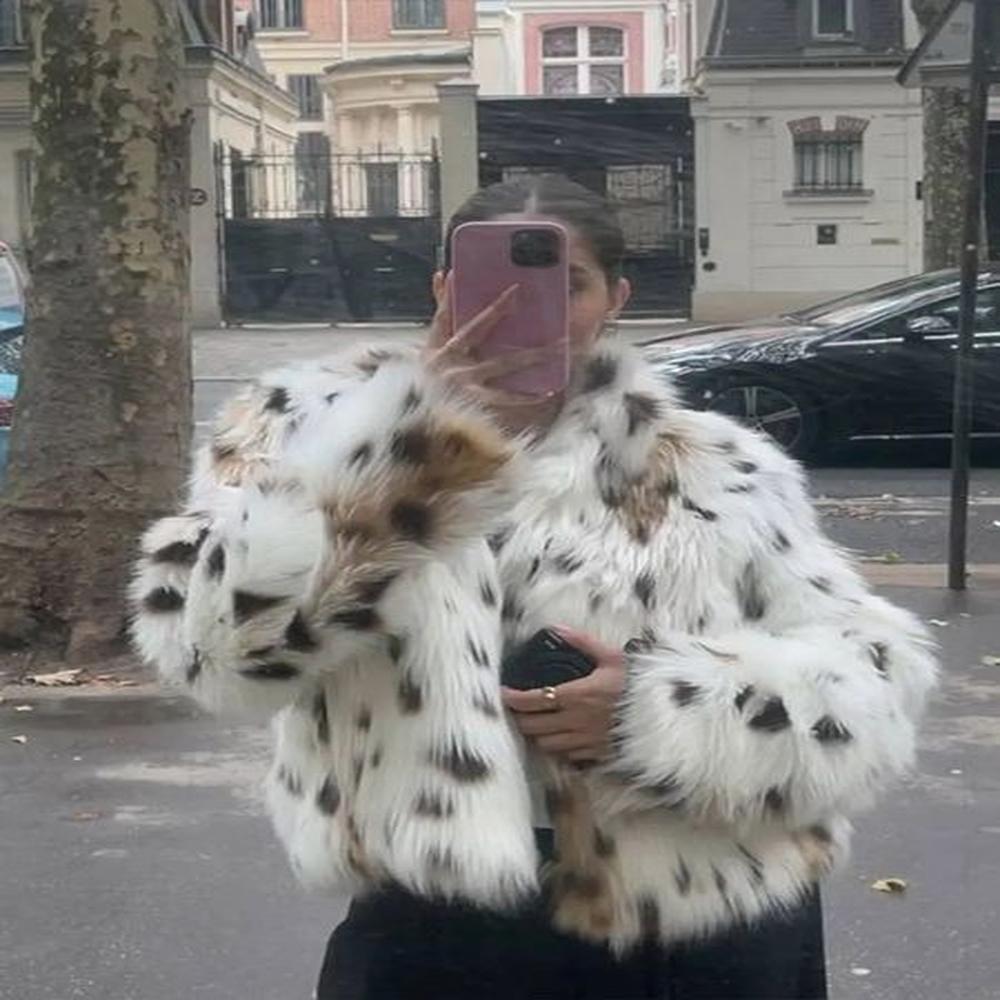 fashionable printed womens fluffy faux fur coat elegant stand up