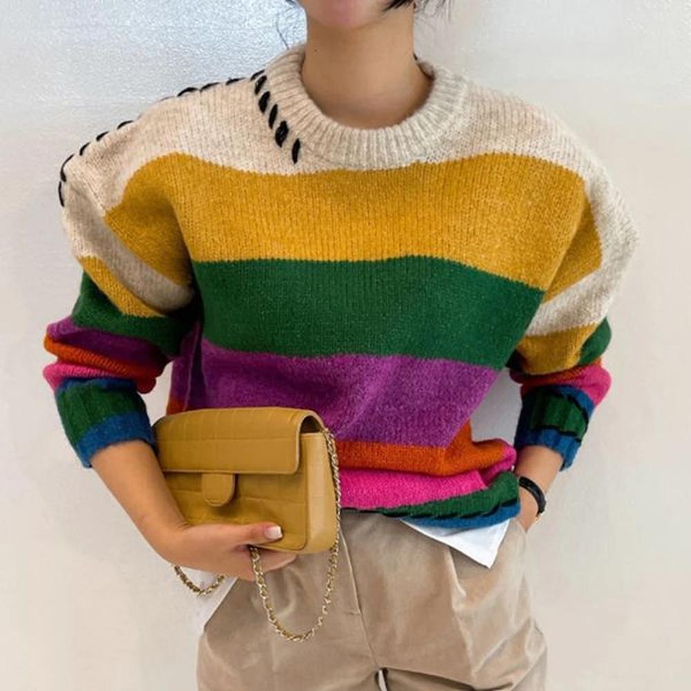 fashionable retro contrast oversized suede fairy glenge wooing oneck rainbow