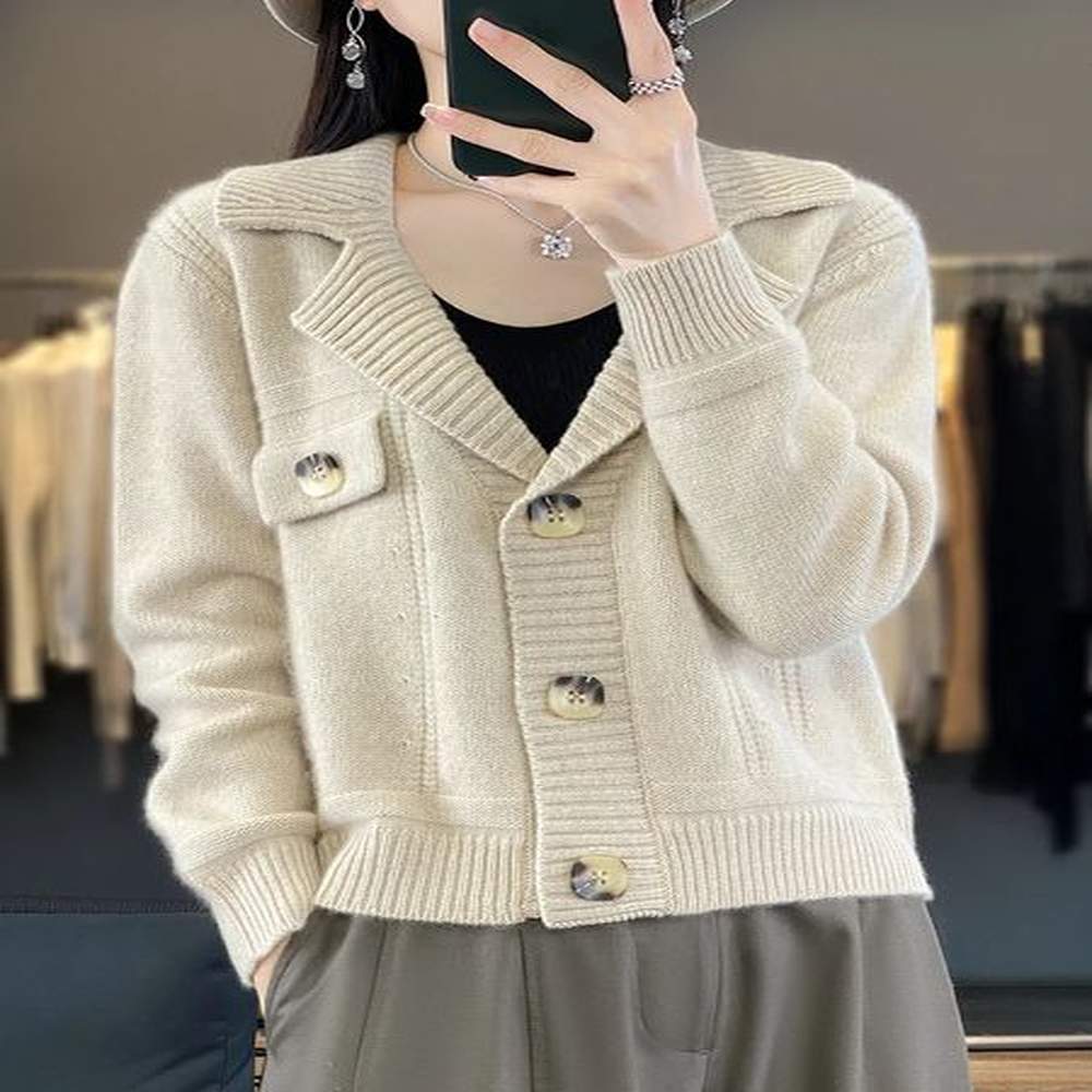 fashionable slimming and stylish lapel pure wool cardigan womens